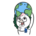 A sticker of a cartoon rosella holding a planet